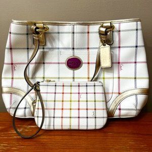 Coach Hampton Ivory Multi Tattersall Plaid PVC Canvas Tote with Matching Wallet